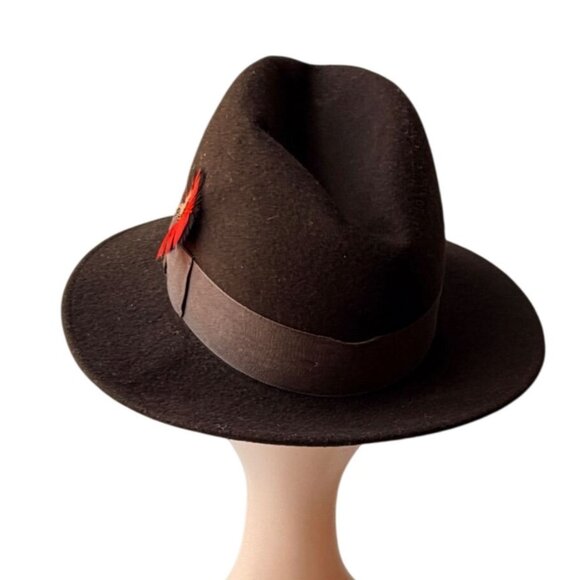 Vintage 1950s Style Mens Micro Felt Brown Wool Fedora Red Feather Accent - Picture 6 of 8
